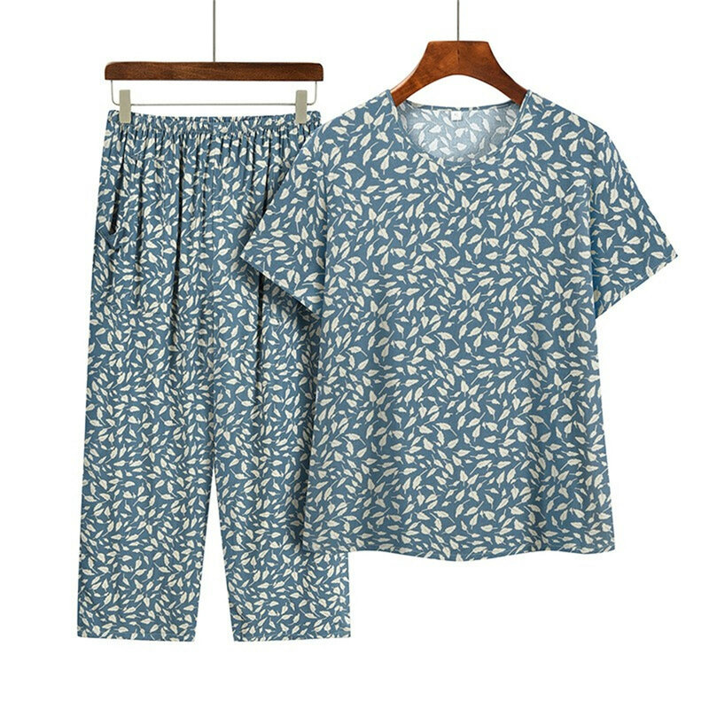 Conjunto de pijama de algodão feminino, capris e manga curta, conjunto de duas peças femininas, roupas grandes finas com flores, primavera e verão, novo, 2024