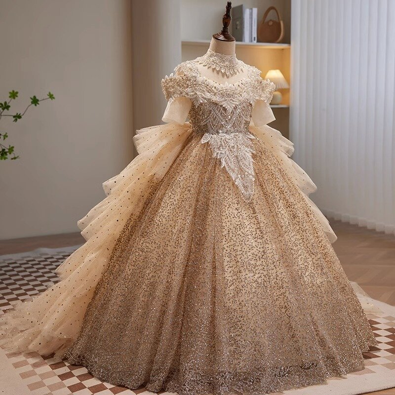 Vestido de princesa floral infantil, fantasia fofa para meninas, casamento, performance de piano, formal, novo