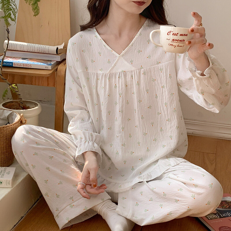 Pijama de algodón con cuello en V para mujer, conjunto de dos piezas con estampado Simple, pantalón de manga larga, ropa fina para el hogar, Primavera
