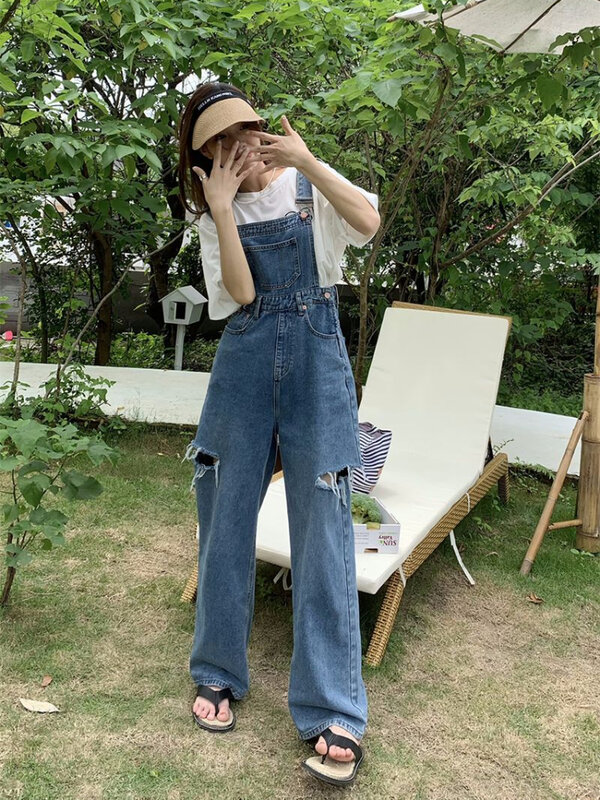 Overalls Frauen Mode Streetwear schickes gemütliches Jeans loch koreanischen Stil einfache gerade Hose täglich All-Match Special reif neu