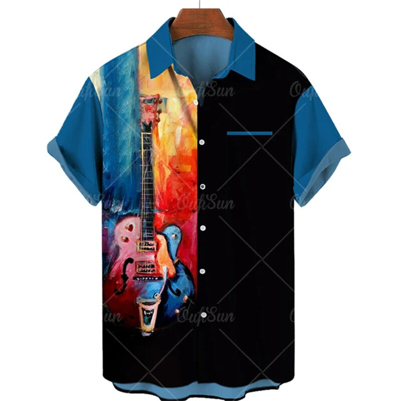 2024 Shirt Met Muziekprint Heren Casual Shirt Met Korte Mouwen En Enkele Knoop, Luxe Hawaiiaans Shirt, Comfortabele Stijlvolle Strandtop