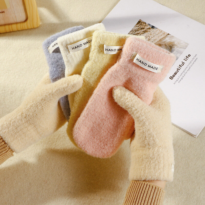 Зимние новые вязаные перчатки для девушек и студентов, модные женские велосипедные теплые однотонные мягкие женские перчатки T192