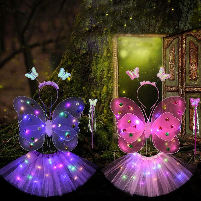 Fee Prinzessin Kostüm Fee Kleid Set mit LED leuchten Mädchen Prinzessin Fee Kostüm Set mit Flügeln Zauberstab und Stirnband für Kinder