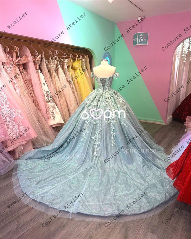 Shinny gaun manik-manik renda bahu terbuka gaun Quinceanera untuk anak perempuan gaun pesta untuk manis 15 16 vestidos putri