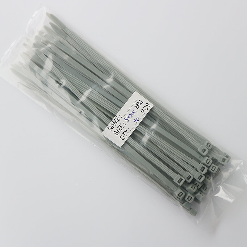 50 Stuks Grijze Kleur Zelfsluitende Plastic Nylon Stropdas Kabel Bevestigingsring 5X200 Kabelbinder Rits Wraps Band Nylon