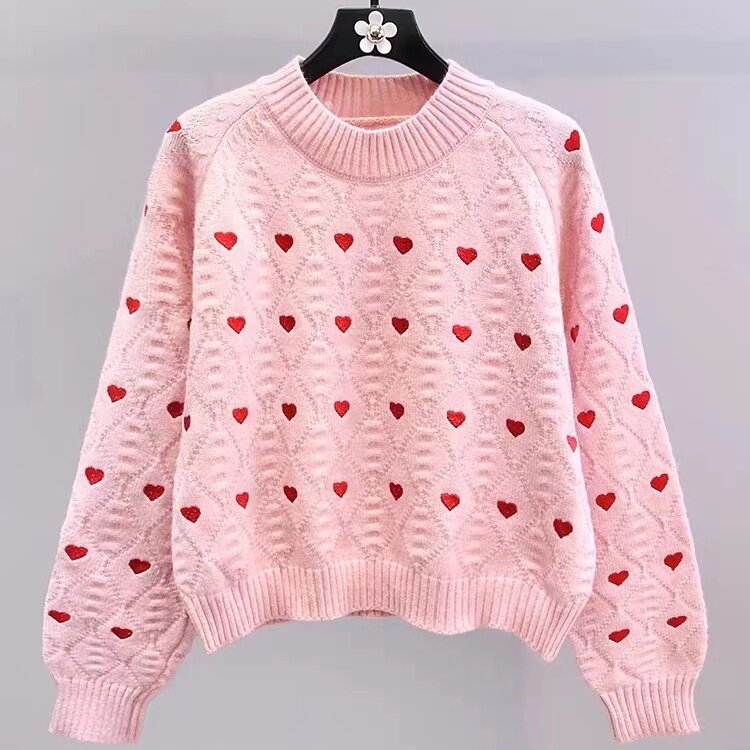 Women Love Printed Knitted Sweater Casual Crew Neck Long Sleeve  Sweet Pullover Sweaters Female Fashion High Street Jumpers 2024