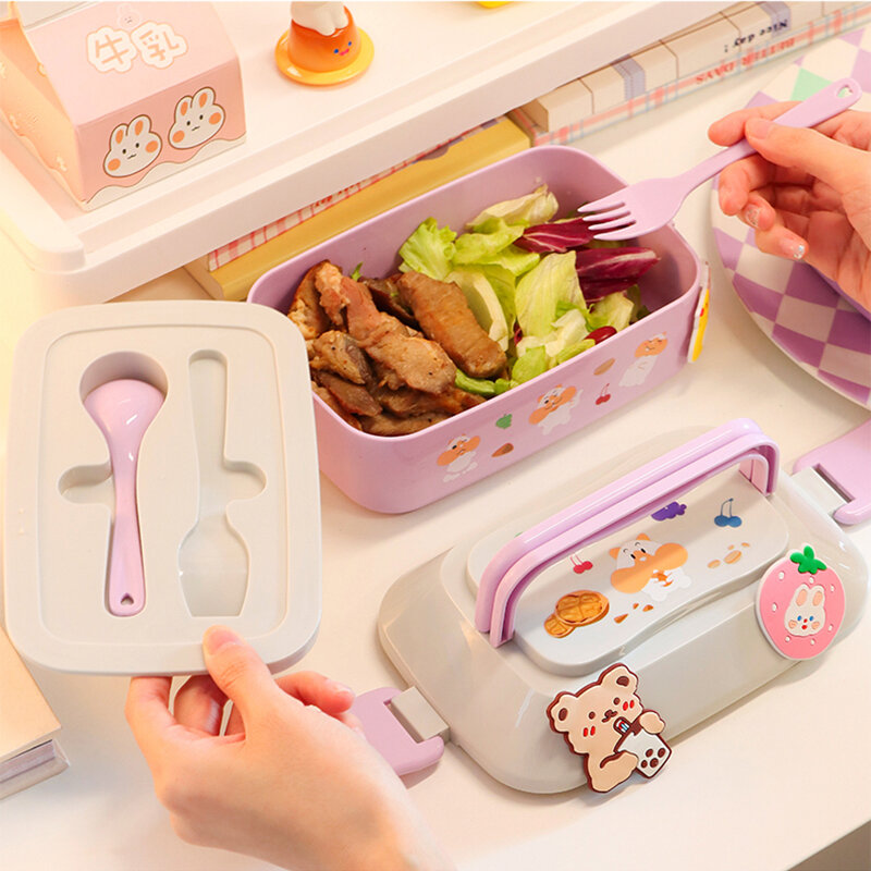 Kawaii Kotak Makan Siang Portabel untuk Anak Perempuan Sekolah Anak-anak Plastik Kotak Bento Piknik Microwave Kotak Makanan dengan Kompartemen Wadah Penyimpanan