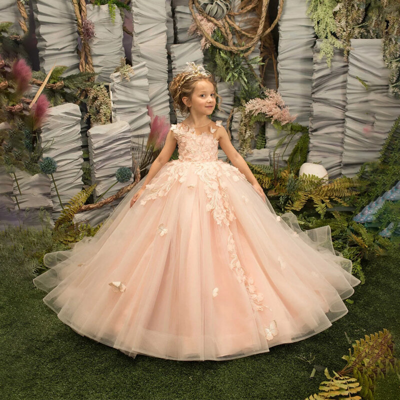 Kwiatowe aplikacje dziewczęca sukienka w kwiaty suknia balowa bez rękawów tiulowa suknia księżniczki urocza suknia ślubna urodzinowa dla dzieci