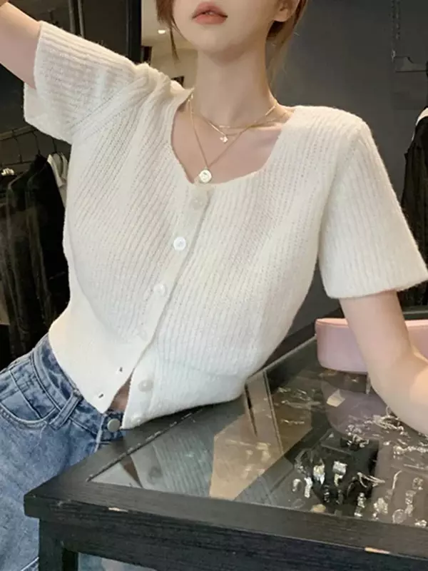 Sweet Short Top Summer  New Korean Fashion Design Solid Color Women's Square Neck Short-Sleeved Knitted Cardigan with Waist