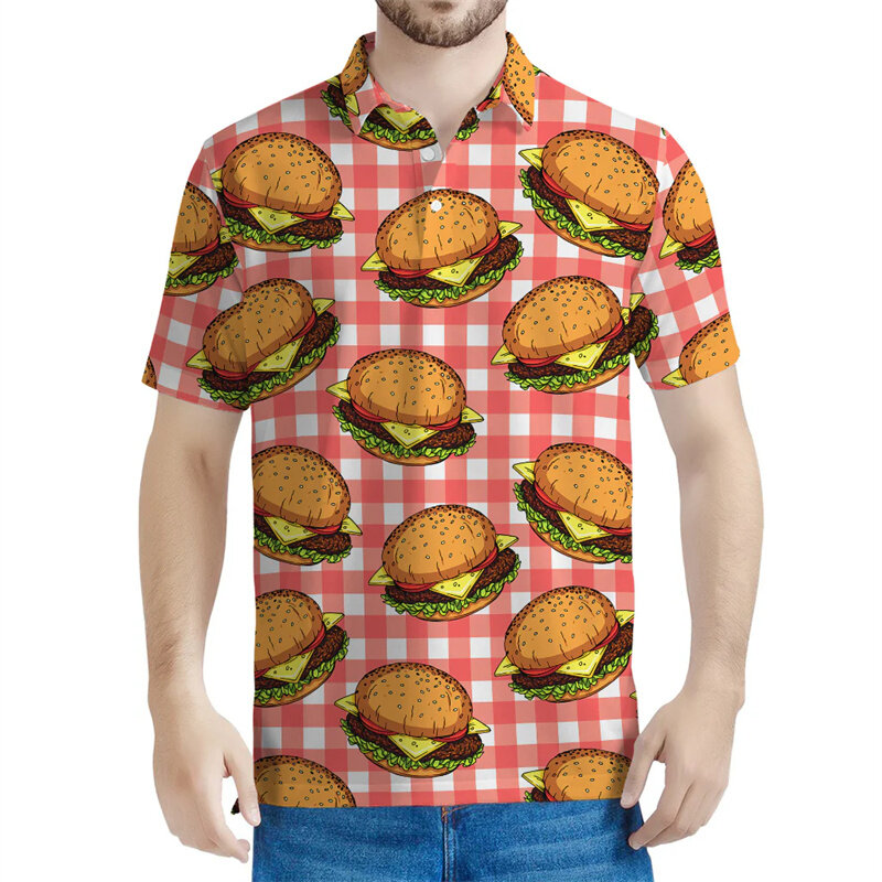 Polo gráfico Hamburger masculino e infantil, camiseta casual de streetwear, manga curta de lapela, desenho animado impresso em 3D, camiseta fofa