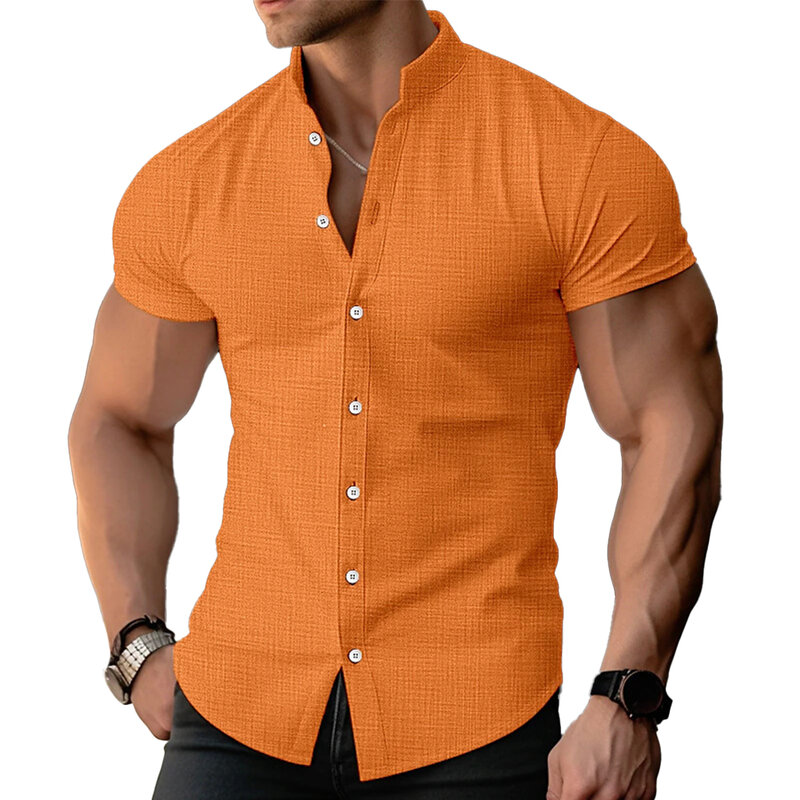 Mens Shirt Band Collar Blouse Button Down 1 Pc Casual Comfortable Fitness Muscle Polyester Shirt Shirts Short Sleeve