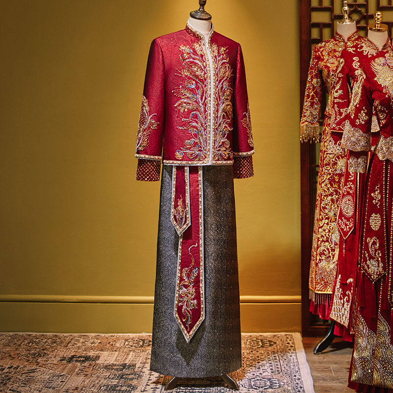 Yourqipao 중국 남성 의류 Xiuhe 웨딩 세트 드레스, 신랑 드래곤 및 피닉스 코트, 대형 사이즈 탱 정장, 토스트 신부 코트