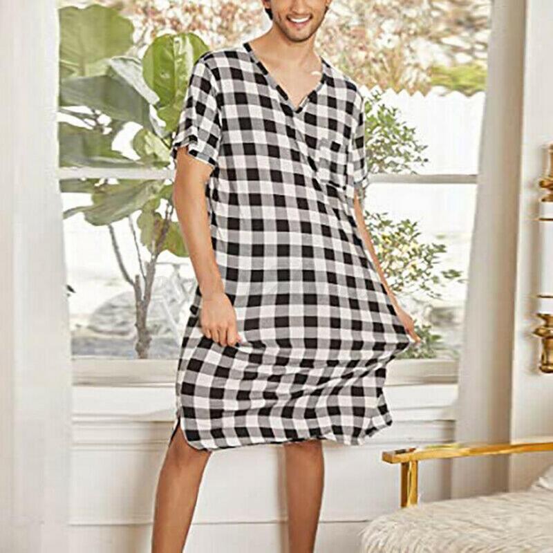 Ночная рубашка в клетку с V-образным вырезом, мужская летняя пижама с принтом в клетку, с короткими рукавами, нагрудным карманом и V-образным вырезом для комфортного сна