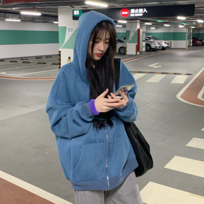 Felpe con cerniera in tinta unita da donna Harajuku Y2K felpe con cappuccio a maniche lunghe con coulisse giacca Casual coreana Streetwear