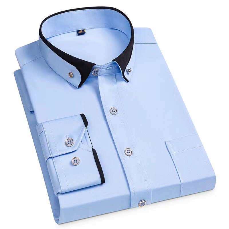 Camisas masculinas de poliéster, mangas compridas, camisas sem ferro, gola elástica com botão de cristal, vestido inteligente, moda casual, novo