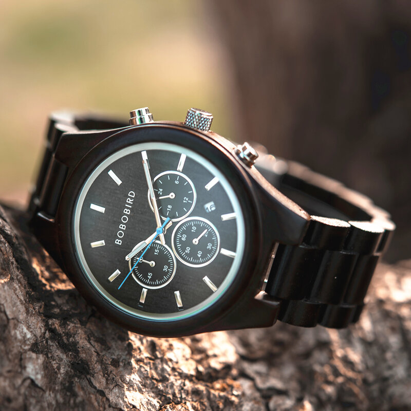 BOBO BIRD Ebony Wood Men's Watch Luminous Hand Wristwatches Chronograph Calendar Fashion Male Clock Gift montre homme Customized