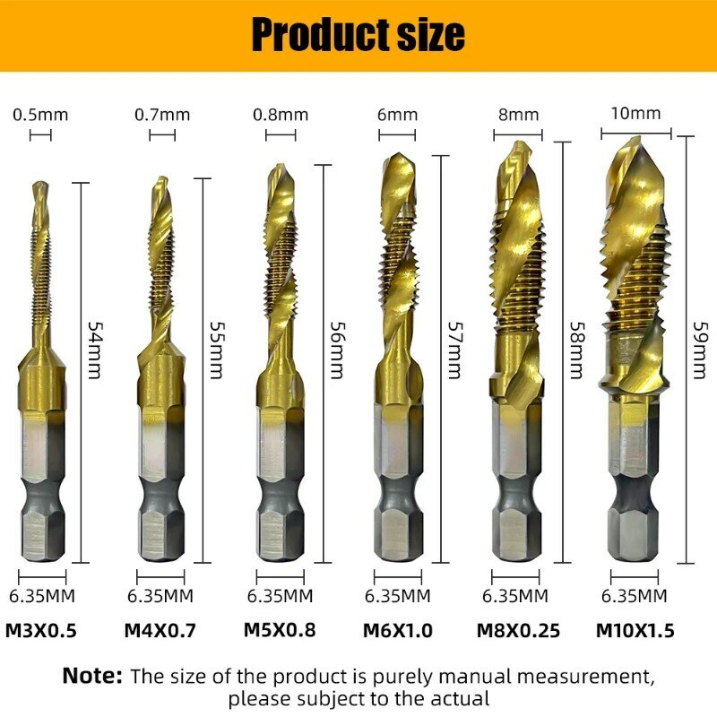 6PCS Titanium Plated Hex Shank HSS Screw Thread Metric Tap Drill Bits Screw Machine Compound Tap M3 M4 M5 M6 M8 M10 Hand Tools