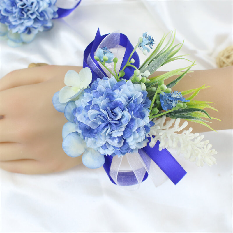 Meldel Korsase Pengantin Laki-laki Kancing Kerah Pin Pengantin Pergelangan Tangan Corsage Putih Biru Rose Gelang Pernikahan Pesta Pribadi Floral Dekorasi