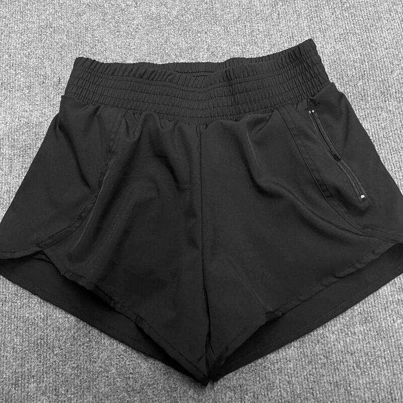 Shorts de treino de cintura elástica feminino com bolsos, cintura alta, perna larga, ginásio, corrida, monocromático