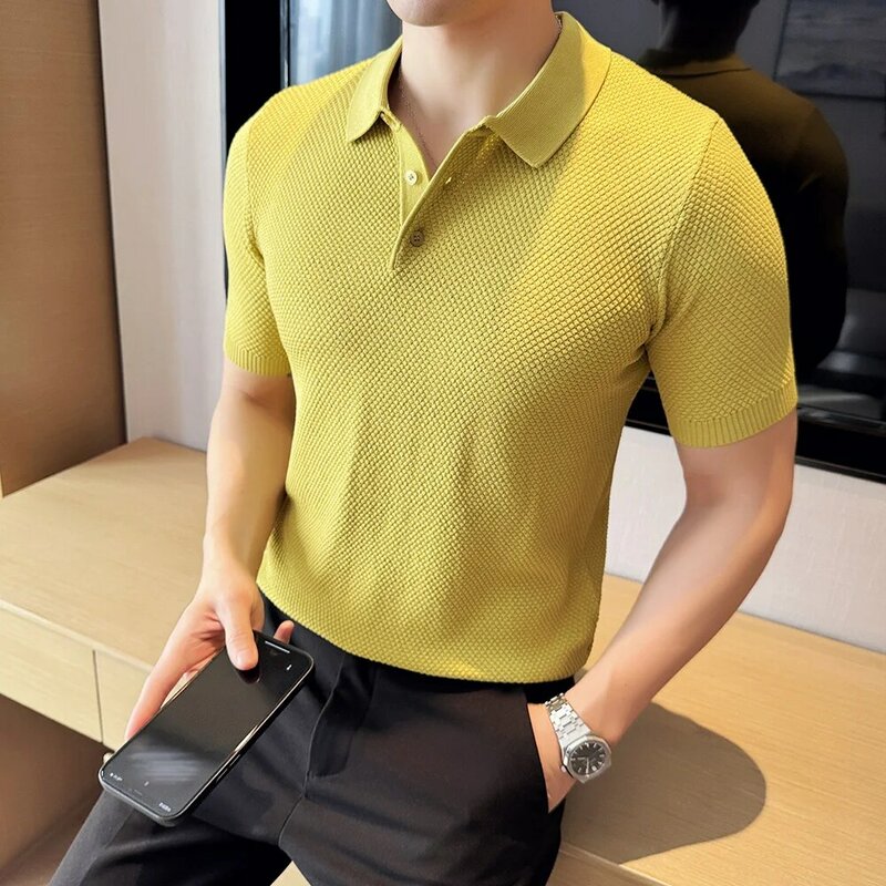 남성용 여름 하이 퀄리티 반팔 폴로 셔츠, 슬림핏 패션 니트 단색 폴로 셔츠, 4XL-M