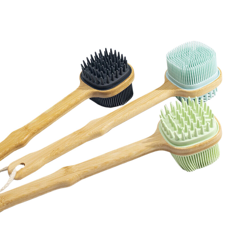 1pc Silicone Brush Head Back Scrubber Shower Brush With Long Wooden Handle Dry Skin Exfoliating Body Massage Cleaning Tool