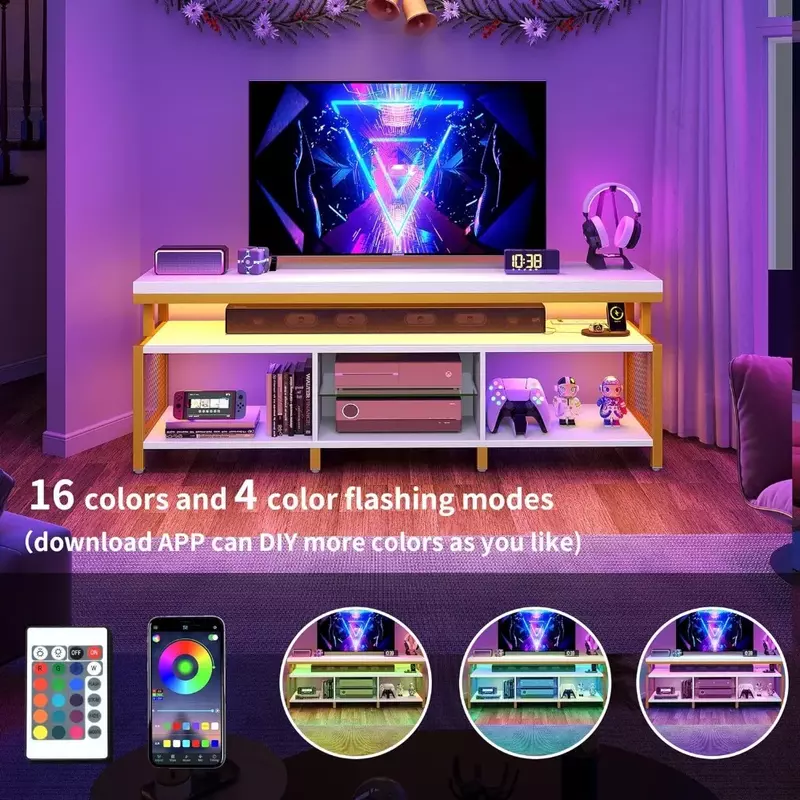 70/65 inch LED TV stand with power socket, modern industrial TV stand, entertainment center with open storage