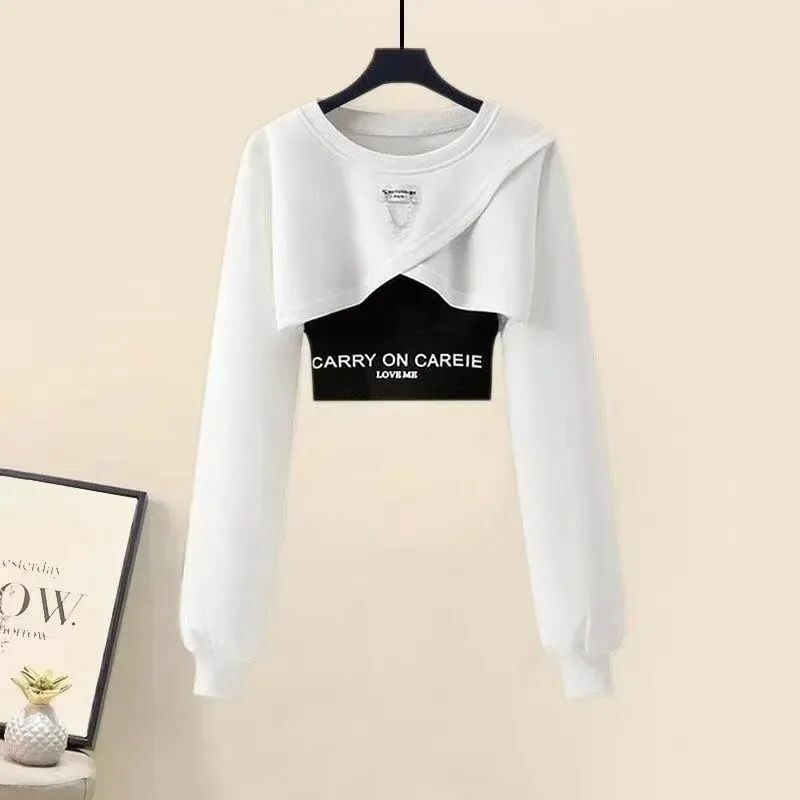 2024 Summer Korean Style Chain Decoration Long Sleeved Top with Perforated Jeans Two Piece Set for Female Students Sports Set