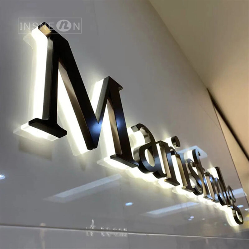 LED huruf bercahaya logam lampu latar LED papan nama dinding huruf dekorasi kantor iklan untuk bisnis tanda Led