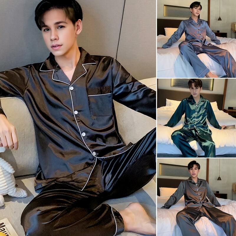Conjunto de pijama de Color liso para hombre, ropa de dormir de verano con camisa de manga larga, pantalones de pierna ancha, Color sólido, para mayor comodidad