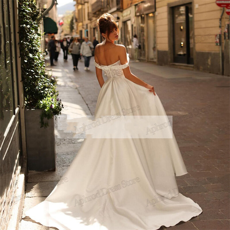 Gaun pernikahan glamor gaun pengantin Satin A-Line jubah bahu terbuka applique renda untuk pesta Formal Vestidos De Novia