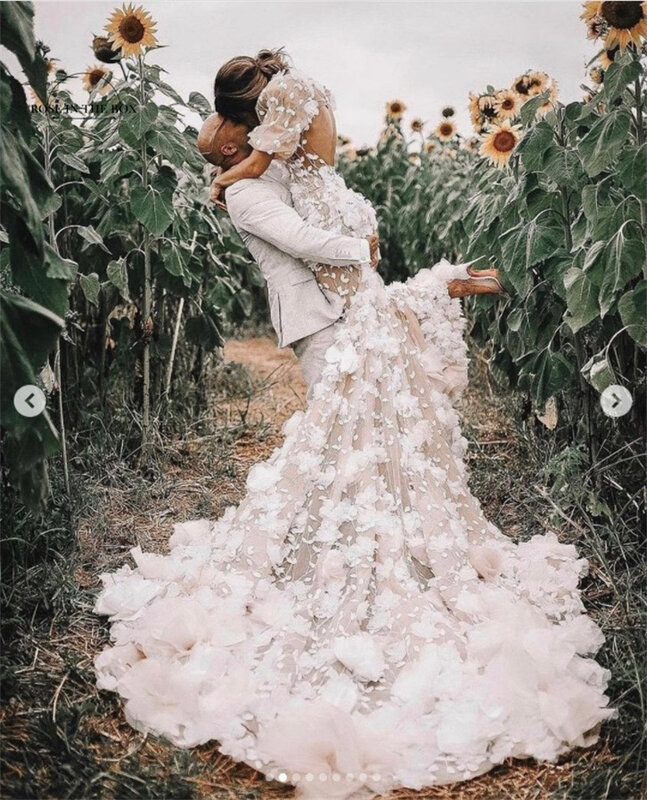 Vestidos de noiva de luxo da sereia do laço para a mulher 2023 elegante mangas curtas sem costas vestidos de noiva com enfeites florais