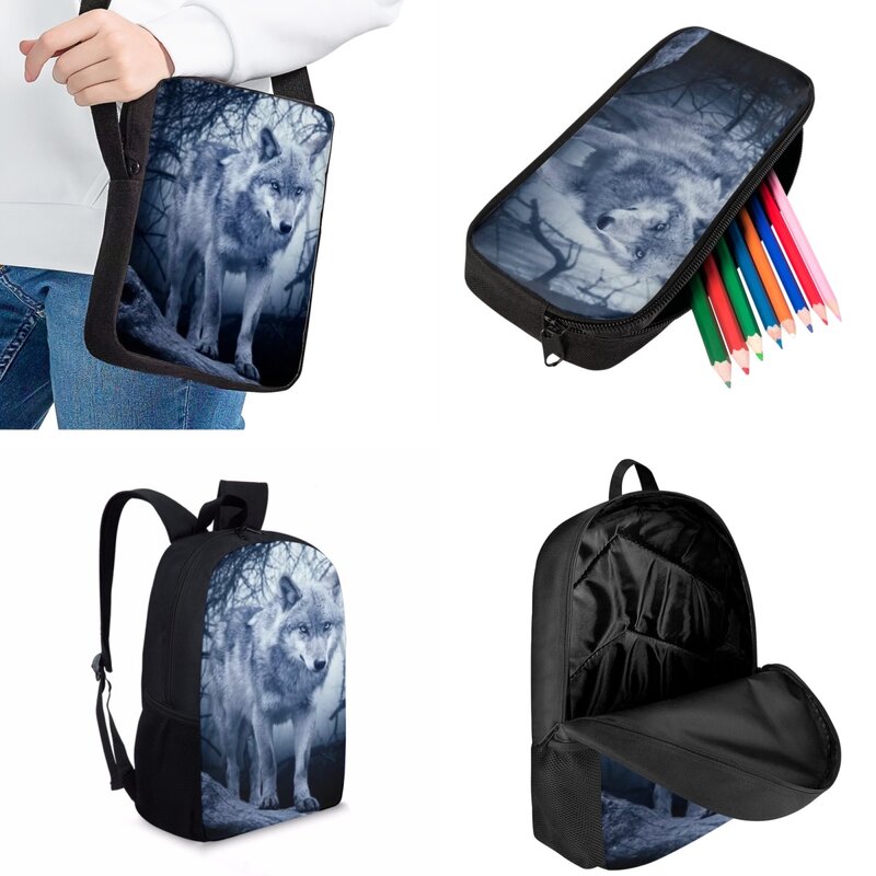Jackherelook legal lobo padrão 3d impressão crianças saco de escola 3 pçs conjunto moda escola mochilas estudante faculdade bolsa para portátil