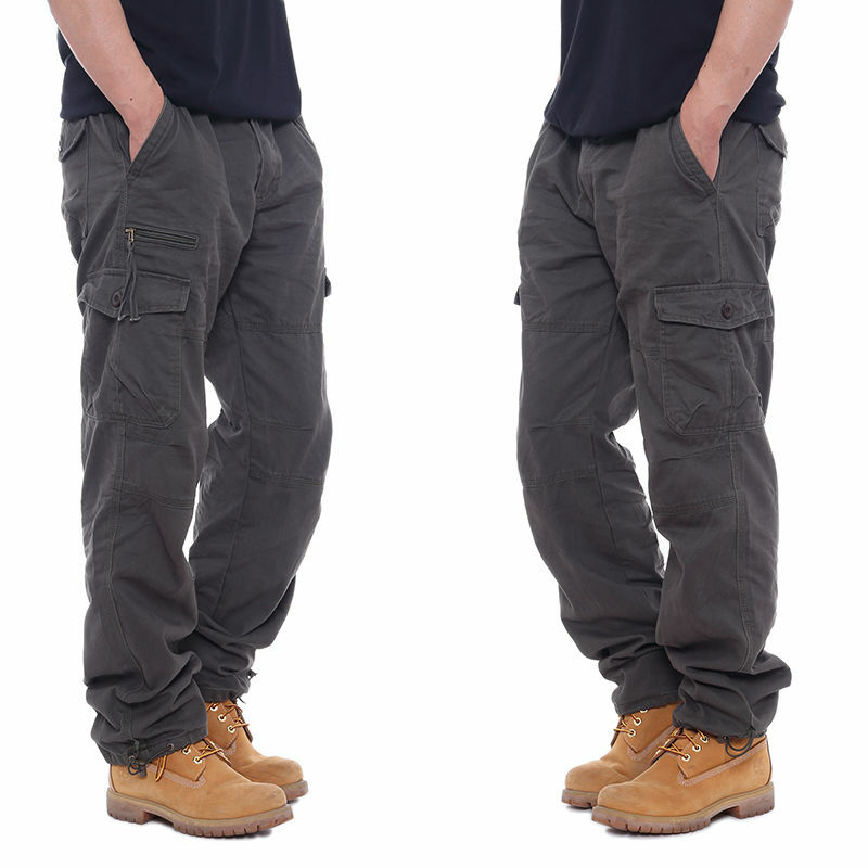 Calça cargo casual masculina com zíper, bolso múltiplo, de algodão, tática, militar, reta, calça larga, macacão masculino