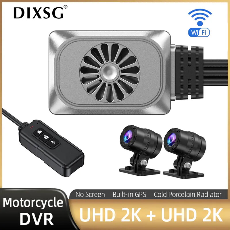 Gravador de Câmera Dupla Motocicleta UHD Gravador de Vídeo Traço Cam com Monitor de Estacionamento 24H WiFi DVR Dual 1440P FHD, 2K