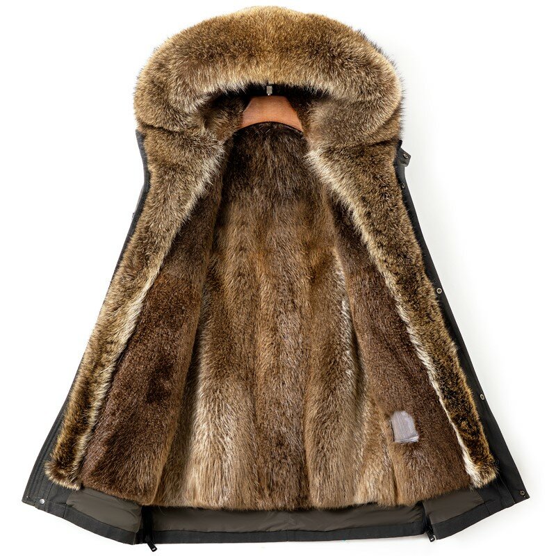 Jaqueta de pele natural para homens, parka de meia duração, casaco dourado Sable, colarinho grande de pele de guaxinim, roupas quentes, inverno