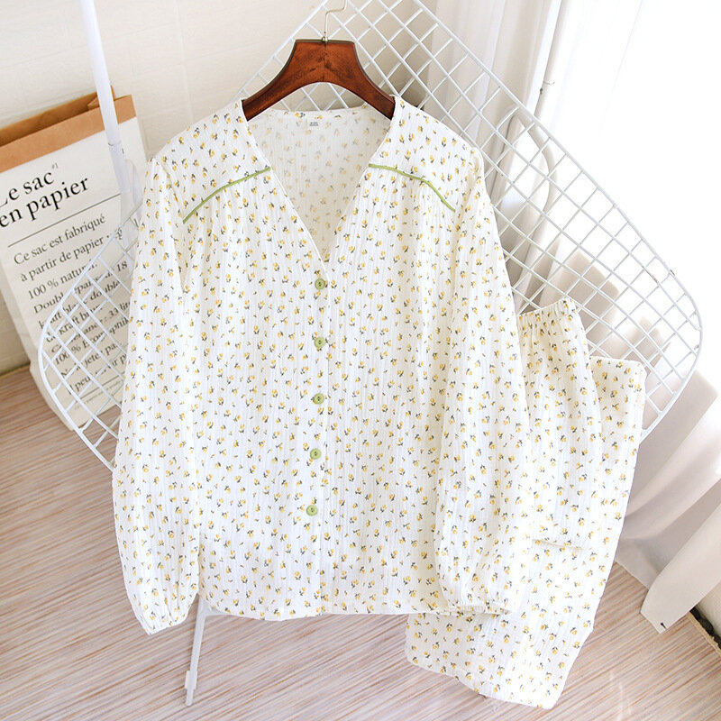 Pijamas de algodón con estampado floral para mujer, de 2 piezas ropa de dormir, ropa de noche de manga larga, otoño