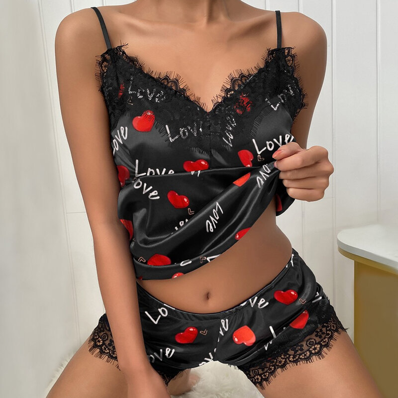 Frauen zweiteilige Spitze Liebe Herz Lippen Dot Kawaii Print 2022V Ausschnitt Seide Mode bequeme Pyjamas elegante Homewear Set