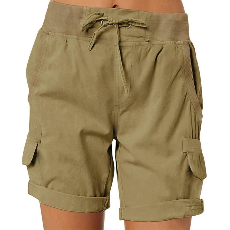 Celana pendek musim panas modis wanita, celana pendek serut dengan saku pinggang elastis di atas lutut panjang kaki lebar untuk wanita