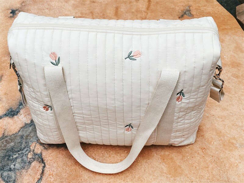 Bolso de mano de tela de algodón con cremallera para bebé, bolsa de equipaje con patrón de bordado de flores, oso bonito, Beige, nuevo
