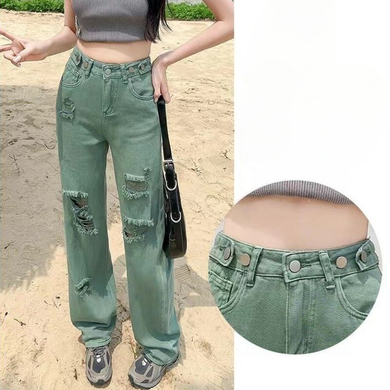 Neue dünne würzige Mädchen zeigen dünne weitb einige Hosen verstellbare grüne gerade Bein zerrissene Jeans Damen Sommer Frühling Jeans hose