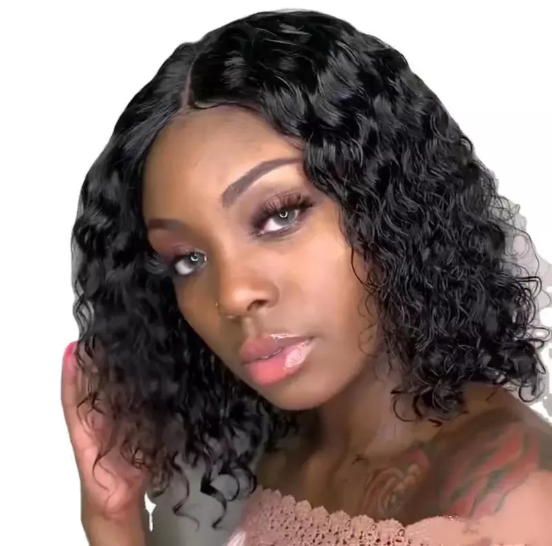 New chemical fiber Short Bob Wig Curly Human Hair Lace Closure Wigs for Women Remy Hair Pre Plucked Deep Curly Natural Color