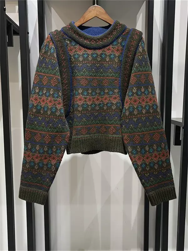 Damen pullover O-Ausschnitt geometrischer Jacquard Herbst Winter Retro Woll pullover