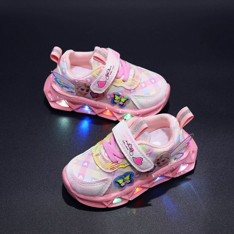 Disney-Baskets décontractées à LED pour enfants, chaussures en cuir PU, imprimé princesse Elsa, Frozen, non lumineuses, rose, violet, printemps