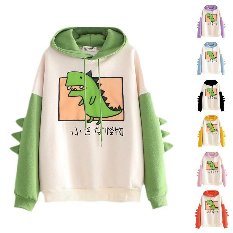 ไดโนเสาร์การ์ตูนขนาดใหญ่ Hoodie แฟชั่นสำหรับผู้หญิงเสื้อกันหนาว Casual พิมพ์สไตล์เกาหลี Thicken Sweatshirt ฤดูหนาว Dino Hoodie Tops