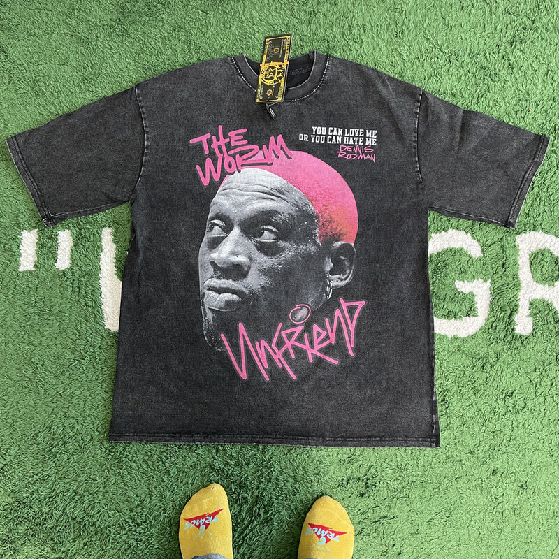 Kikker Drift Mode Vintage Losse Basketbal Grafische Retro Wassen Zomer De Worm Dennis Rodman Oversized T-Shirt Tops Heren