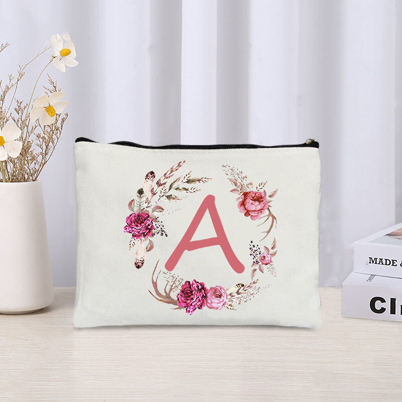 Women Initial of Wreath Cosmetic Case Travel Cosmetic Organizer  Makeup Pouch Bag Travel Organizer Wedding Birthday Party Gifts
