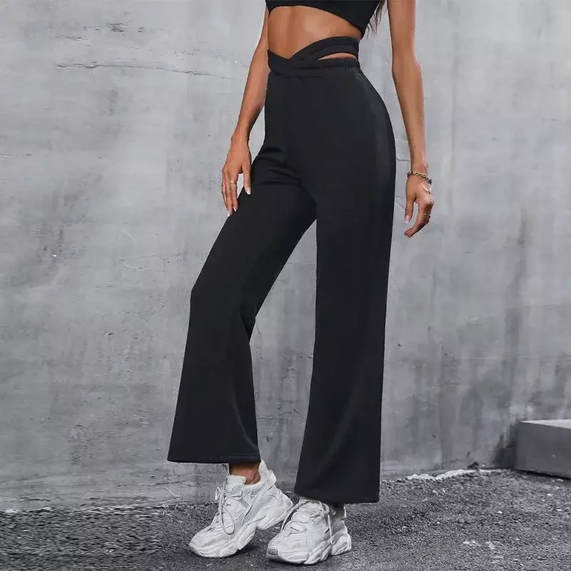 Fashion Women's Simple Slim Sports Hollow Out Waist Flared Pant Female Clothes Temperament Commuting Women Casual Trousers YSQ44