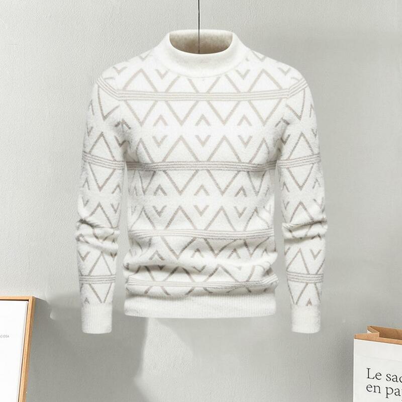 Suéter con patrón geométrico para hombre, suéter de punto suave y cálido con cuello redondo, Tops acogedores, otoño