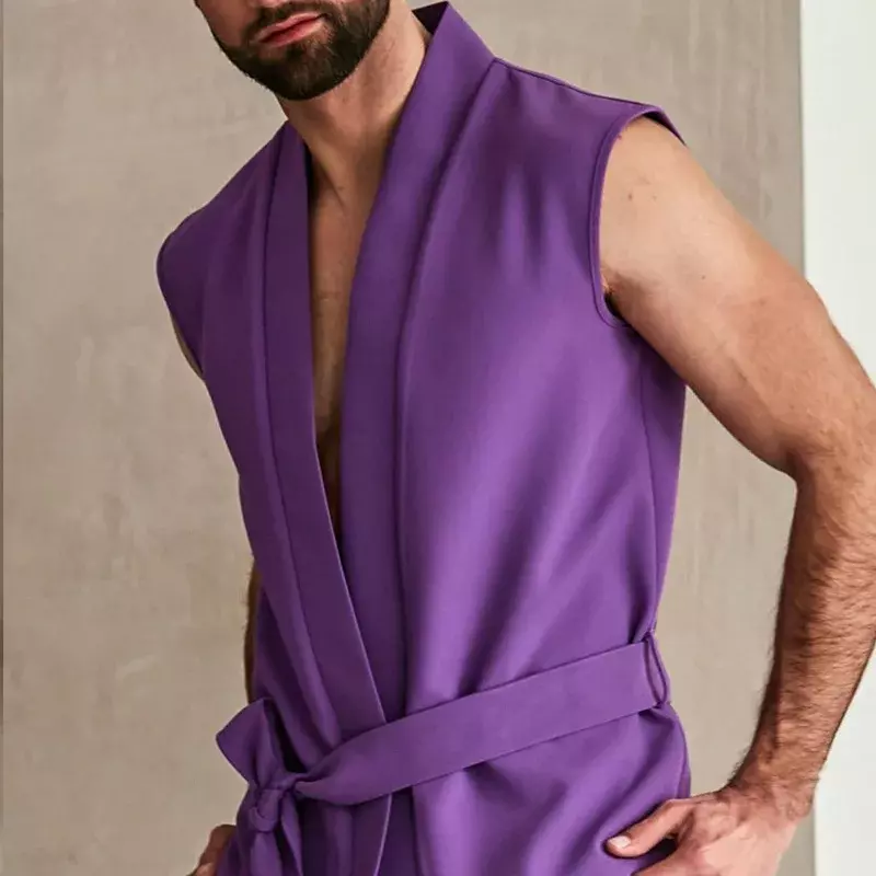 Set pakaian pria dua potong, celana kardigan tali ungu, kasual modis