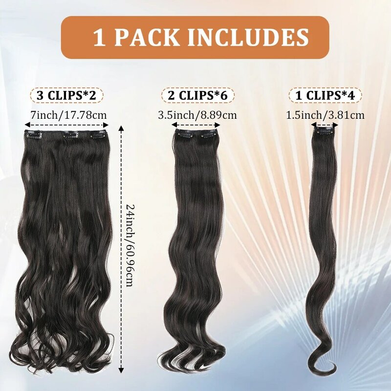 Extensões de cabelo sintético para mulheres e meninas, 22 clipes, clipe de cabeça cheia, penteado de onda do corpo, 24 ", 12pcs